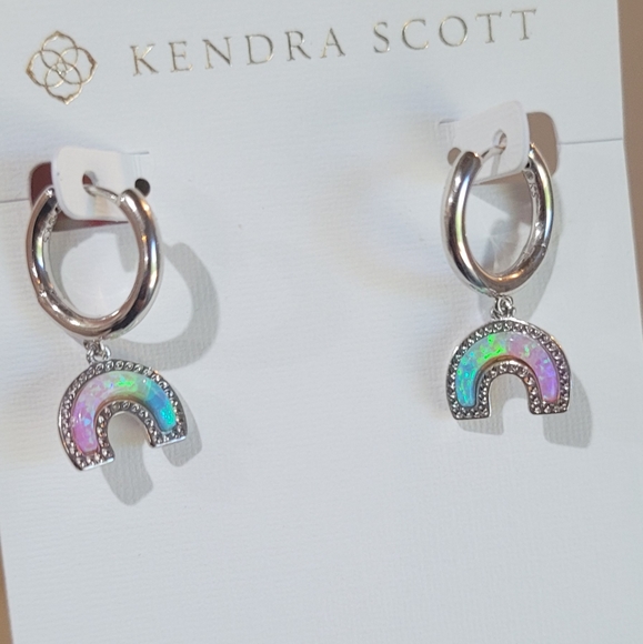 NWT Kendra Scott Rainbow Kyocera Opal Huggie Earrings in Silver Pastel - Picture 4 of 10